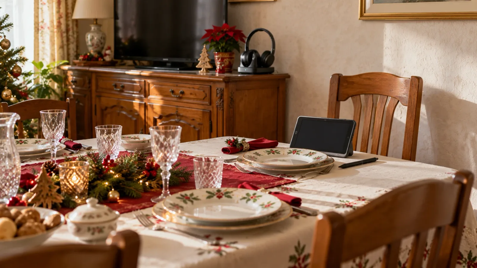 Table de fête dressée dans la salle à manger d'un appartement ordinaire, une chaise en bout de table dos au mur, une petite tablette d'écriture posée près d'une assiette et un casque TV sans fil sur son socle visible sur le buffet en arrière-plan