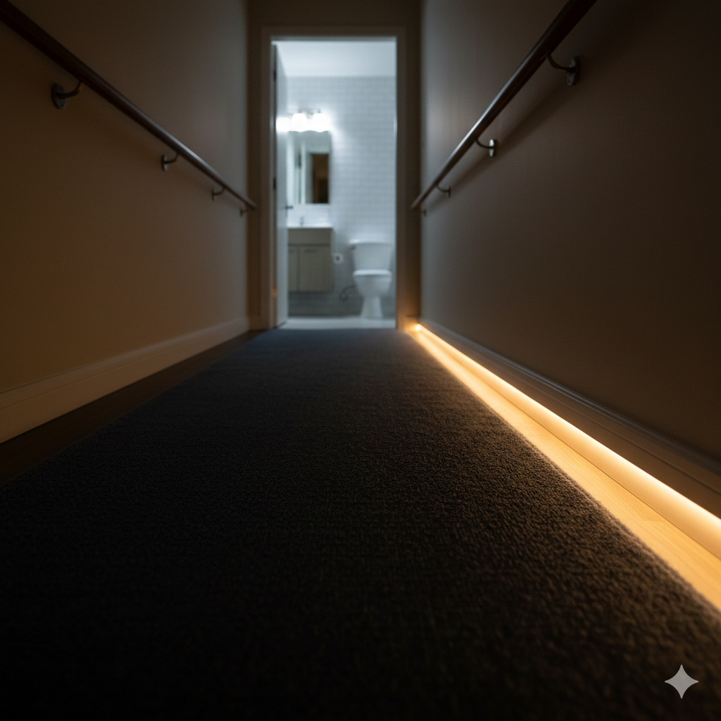 Chemin lumineux LED au sol entre chambre et salle de bain pour sénior la nuit