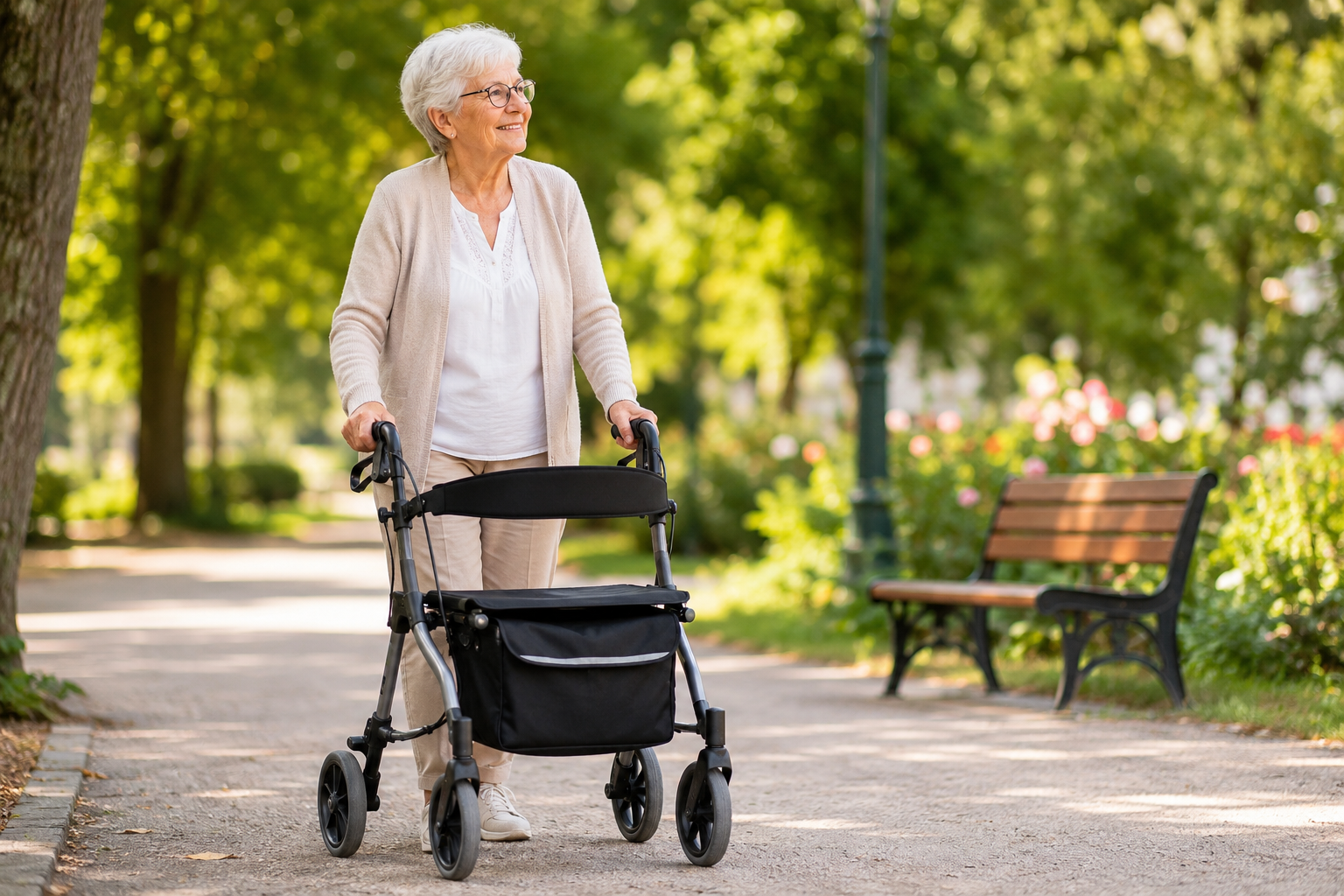 Comparatif visuel d'un déambulateur 2 roues, d'un rollator 3 roues léger et d'un rollator 4 roues avec siège pour senior, avec la mesure de la largeur d'une porte d'appartement