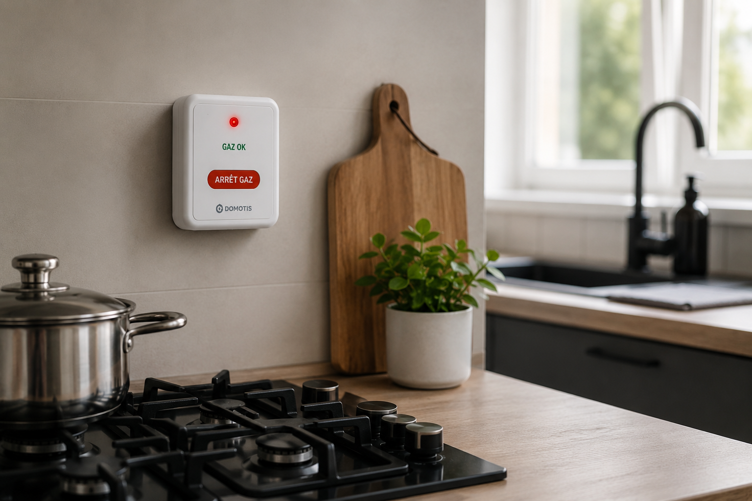 Détecteur de gaz et de monoxyde de carbone fixé au mur d'une cuisine senior, à côté d'une gazinière équipée d'une prise minuteur de coupure automatique des plaques
