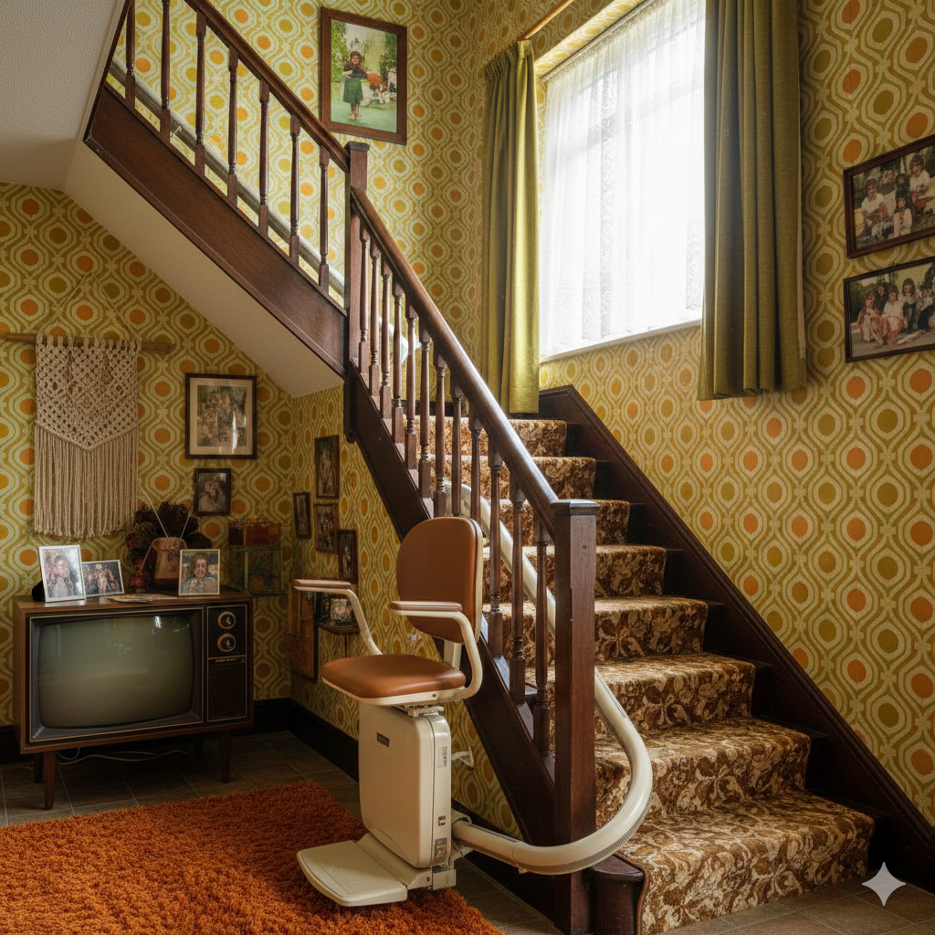 Monte-escalier droit installé sur un escalier en bois, siège replié, vue latérale