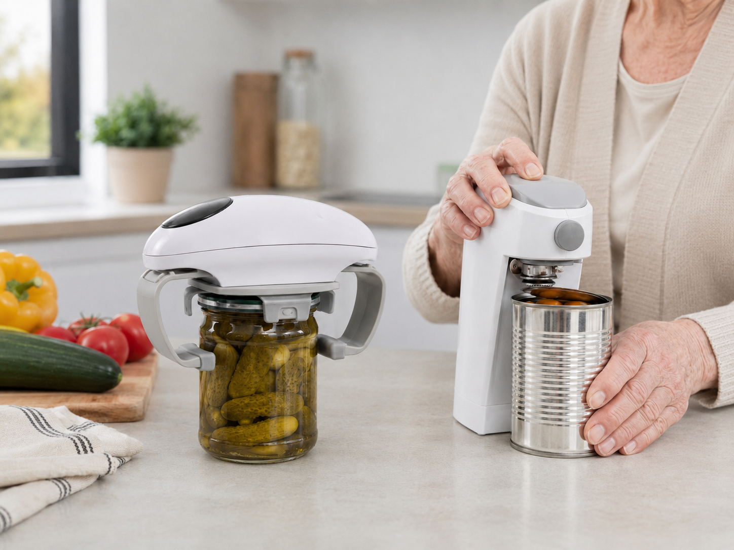 Ouvre-bocal automatique posé sur un bocal dans la cuisine d'un senior arthrosique, mains au repos sans effort